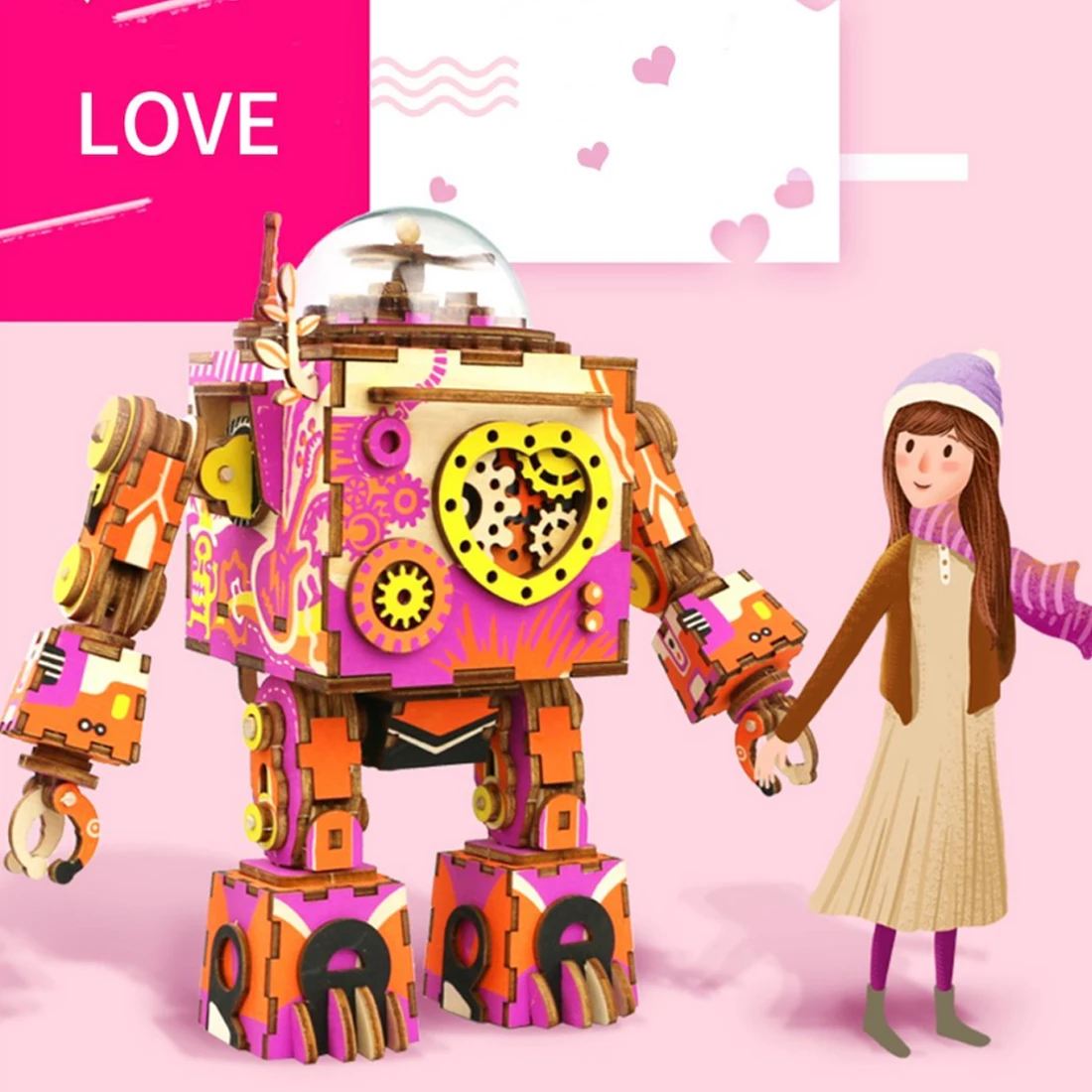 

Robotime Steam Robot Model Wooden Gear DIY 3D Puzzle Steampunk Music Box for Patience Hands-on Ability Develpoment- Rosiness