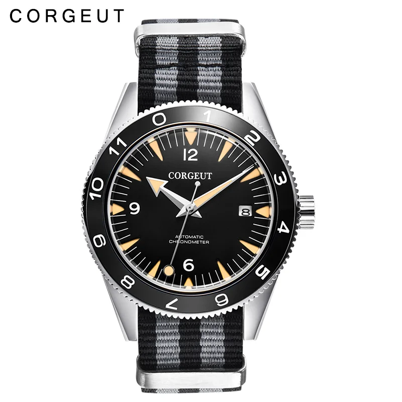 Corgeut الفاخرة العلامة التجارية Seepferdchen العسكرية الميكانيكية ووتش الرجال التلقائي الرياضة تصميم ساعة جلدية الميكانيكية المعصم الساعات
