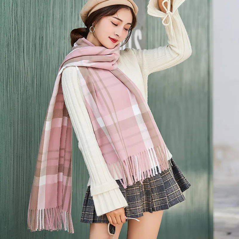 Большой осенне-зимний женский шерстяной клетчатый шарф женские кашемировые шарфы широкие решетки длинная шаль обертывание одеяло теплый палантин пашмины - Цвет: Pink M