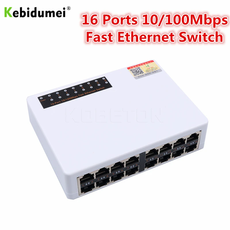 

kebidumei 16 Ports Fast Ethernet Network Switch High Quality 10/100Mbps LAN RJ45 Vlan Switcher Hub For Desktop EU/US Adapter