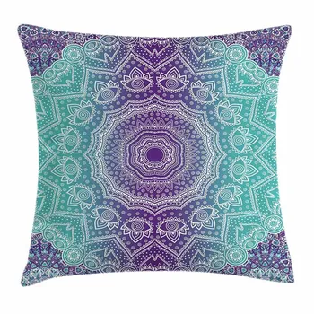 

Purple and Turquoise Throw Pillow Cushion Cover, Mandala, Decorative Square Accent Pillow Case, 18 X 18 Inches,