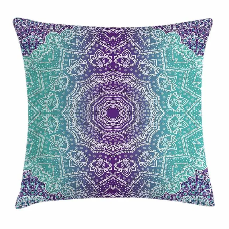 

Purple and Turquoise Throw Pillow Cushion Cover, Mandala, Decorative Square Accent Pillow Case, 18 X 18 Inches,