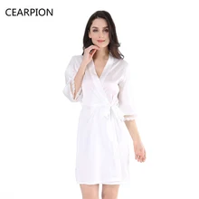 CEARPION White Bride Bridesmaid Robe Sleepwear Sexy Lace Satin Nightgown Lingerie Women Kimono Dressing Bath Gown With Waistband