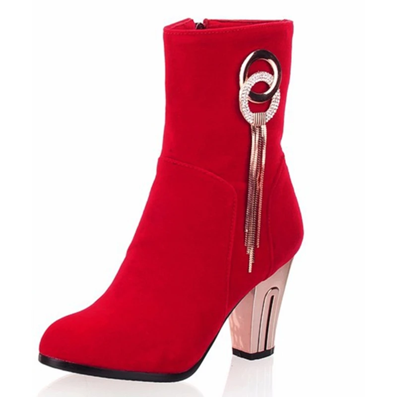 Г., осенне-зимние женские ботинки Роскошные Очаровательные черные, красные ботинки до середины икры модная обувь из флока на высоком каблуке Женская обувь, большие размеры 34-43