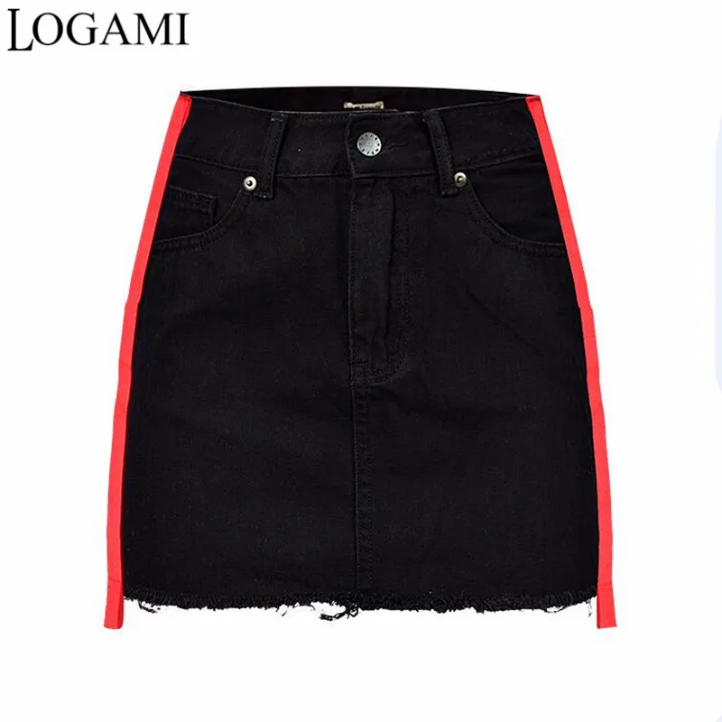 

LOGAMI High Waist Denim Skirt High Waist A-Line Mini Skirts Womens Patchwork Spring Summer Sexy Skirt Black & Red
