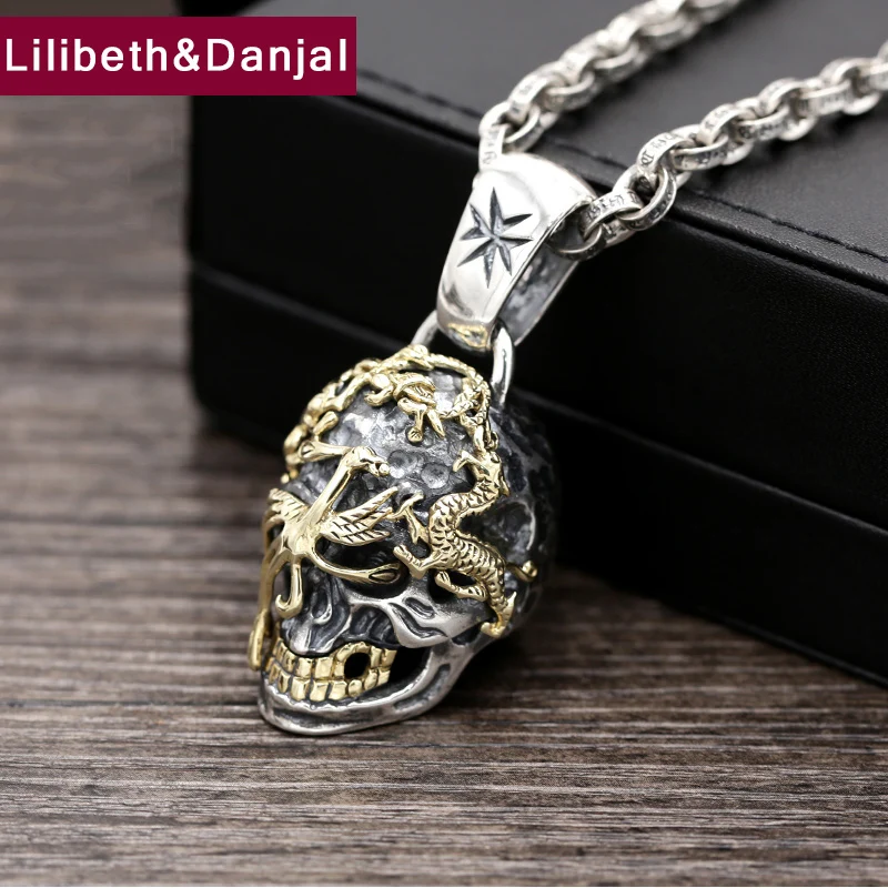 

Male Necklace 100% Real 925 sterling silver Black Buddha Dragon Skull Pendant Bead Necklace Gift Women jewelry N4
