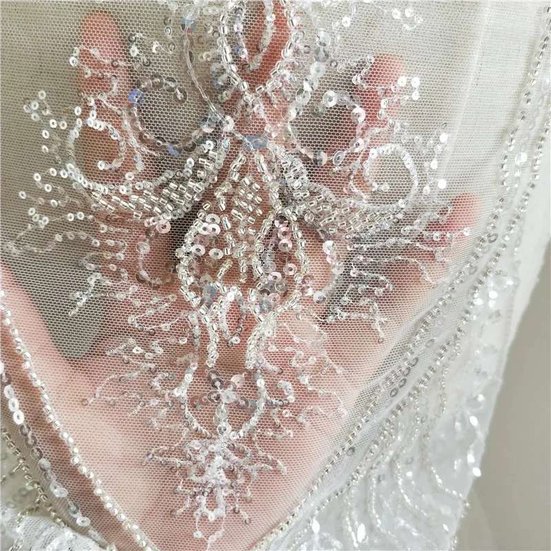 1 ярд слоновой кости бисером кружевной ткани Серебристые бусины и блестки! дизайн роскошное свадебное платье с вышивкой и кружевом