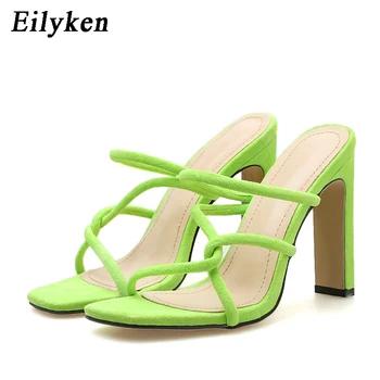 

Eilyken 2020 New Summer Fluorescent green Mules High Heel Slippers Shoes Peep Toe Sandals Fashion Ladies Sexy Party Slippers