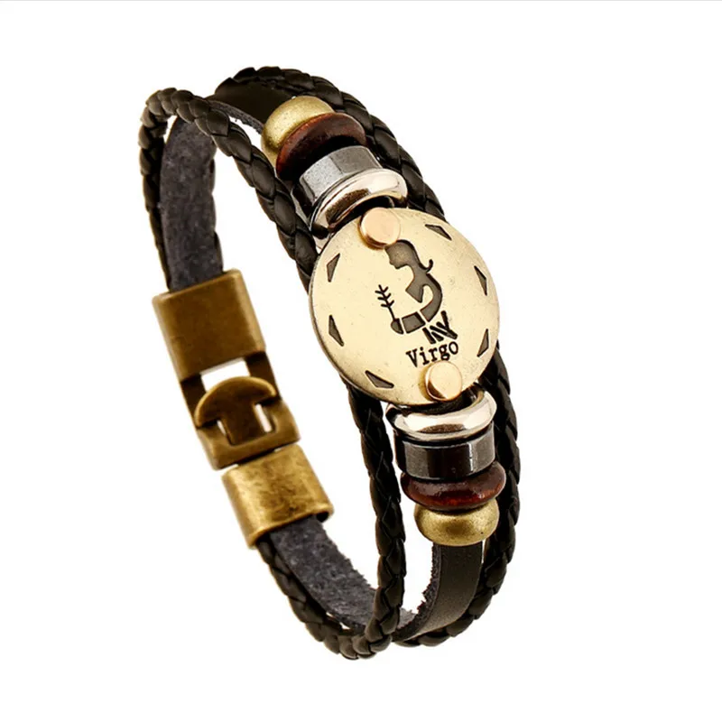 Бронзовые пряжки сплава 12 браслеты с изображениями созвездий панк кожаный браслет со знаком зодиака деревянная бусина черный Гальский камень Шарм ювелирные изделия SL-370 - Окраска металла: Virgo