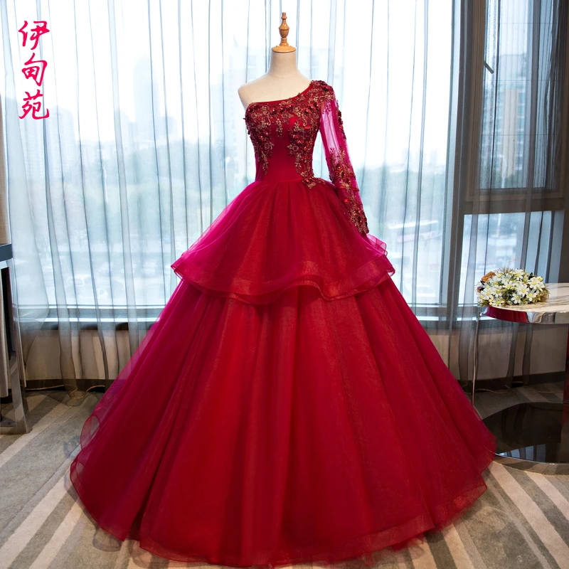 J Rococo Embroidery Flower Wine Red Single Sleeve Ball Gown Medieval Dress Renaissance Gown Princess Victoria Belle Ball