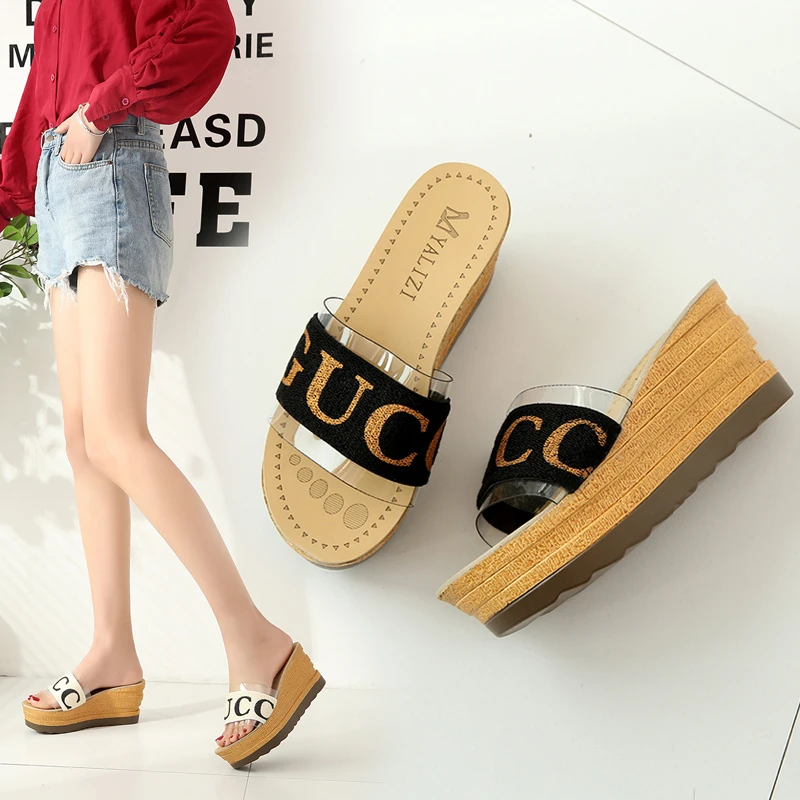 

2019 pantoufle femme English letters vogue summer slippers mix colored Vacation beach high heels platform slides shoes women