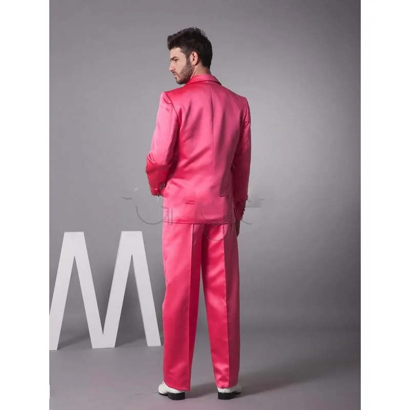 Ярко-розовый Жених одежда смокинги атласный материал жениха Мужские свадебные костюмы(пиджак+ брюки+ жилет