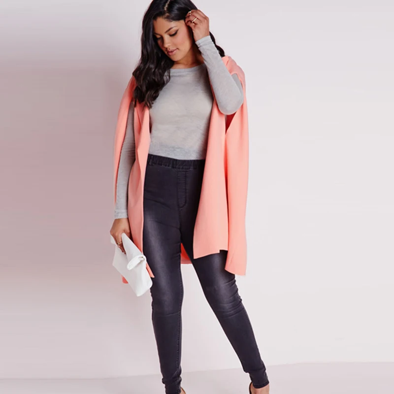 Kissmilk Plus Size 2017 Autumn Longline Blazer Solid Champagne Split Sleeve None Breasted Coat Loose  Blazer Large Size 3XL 6XL