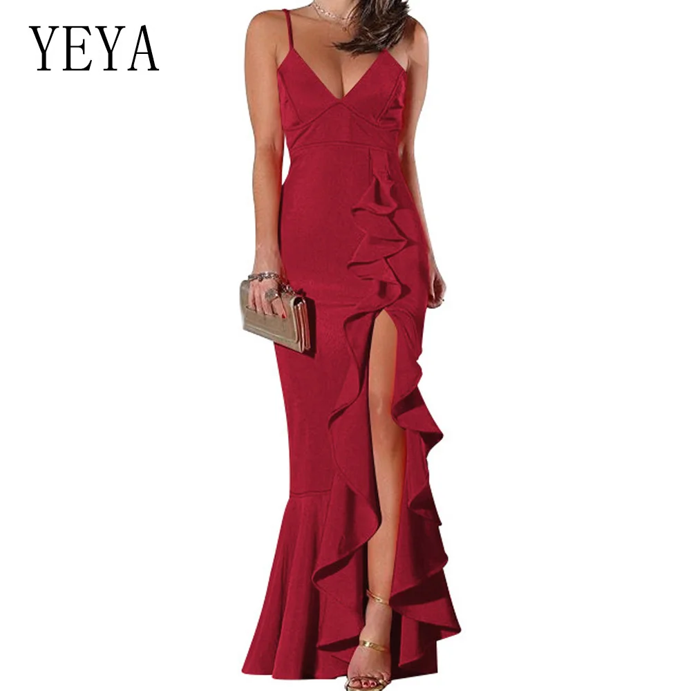 

YEYA Irregular Ruffles Sexy Deep V Neck Sleeveless Maxi Dress Women Red White Backless High Splits Bodycon Elegant Party Dresses