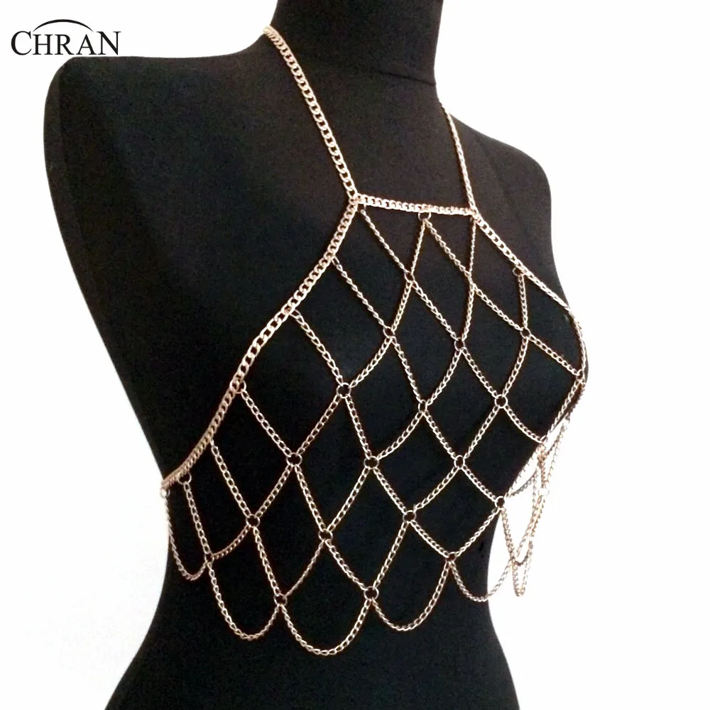 Кроп-топ Chran Chain Chainmail EDM Rave Bralette портупея цепь Necklace Coachella Wear Sexy Ibiza Sonar праздничные