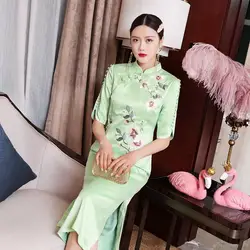 Китайский стиль вышивка зеленый шелк платье для женщин Cheongsam