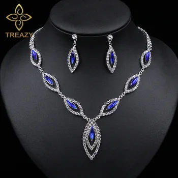 

TREAZY Clear/Royal Blue Crystal Bridal Jewelry Sets Leaf Design Elegant Choker Necklace Earrings Set for Women Wedding Jewelry
