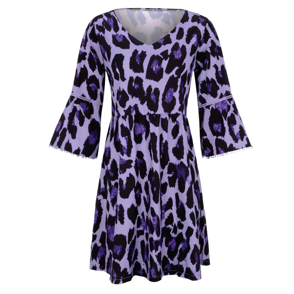 Женское летнее платье размера плюс с v-образным вырезом и леопардовым принтом, вечерние платья со средним рукавом, летнее пляжное платье, vestidos de verano, новинка - Цвет: Purple