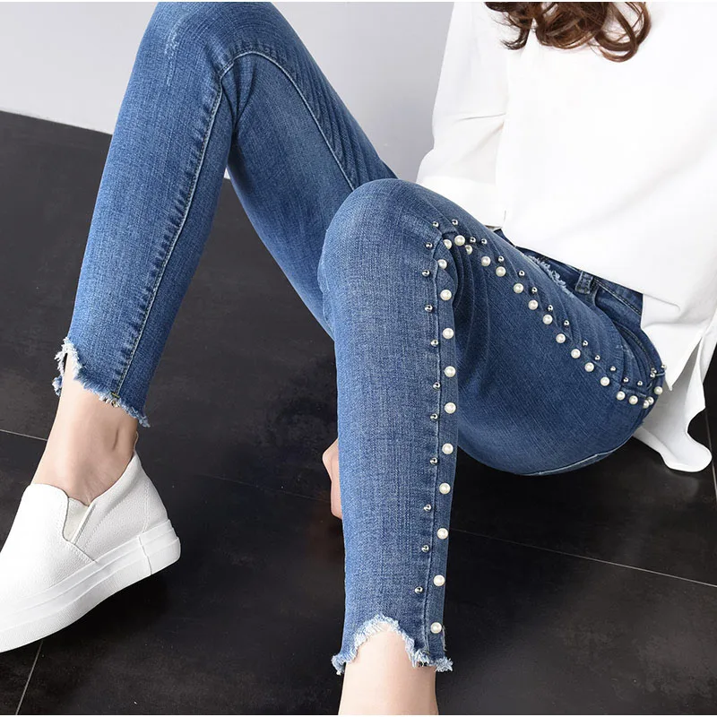 Summer Plus Size Skinny Side Pearl Beading White Wash Capris Jeans 4Xl 5Xl Light Blue Women Casual Stretch Denim Pants Trousers Summer Plus Size Skinny Side Pearl Beading White Wash Capris Jeans 4Xl 5Xl Light Blue Women Casual Stretch Denim Pants Trousers