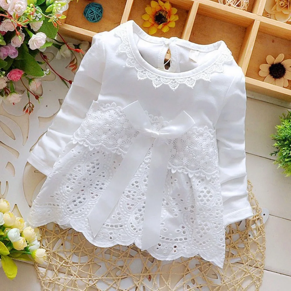 font b Baby b font Girls Lace Flower Dresses Sweet Crochet Long Sleeve Bow knot