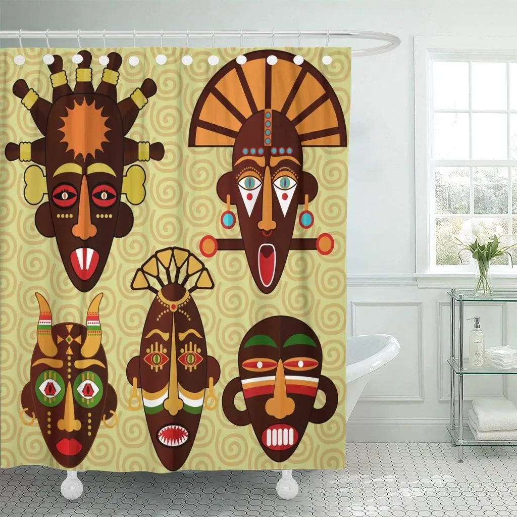 

Shower Curtain with Hooks Brown Lulua African Masks Tiki Voodoo Aborigine Abstract Adult Africa Ancient Decorative Bathroom