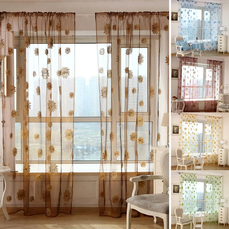 

Sunflower Floral Print Tulle Voile Door Window Rom Curtain Drape Panel Sheer Scarf Valances Voile Window Curtain
