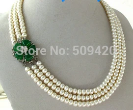 

~~ Wholesale jewe 655>>3 Strands 6mm White Rondelle Freshwater Pearl Necklace Green Jade Flower Clasp