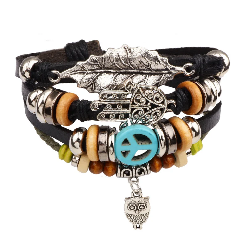 NIUYITID Handmade Feather Leaf Men's Bracelets For Men Multilayer Leather Accessories Male Braclet Friendship Jewelry  (11)