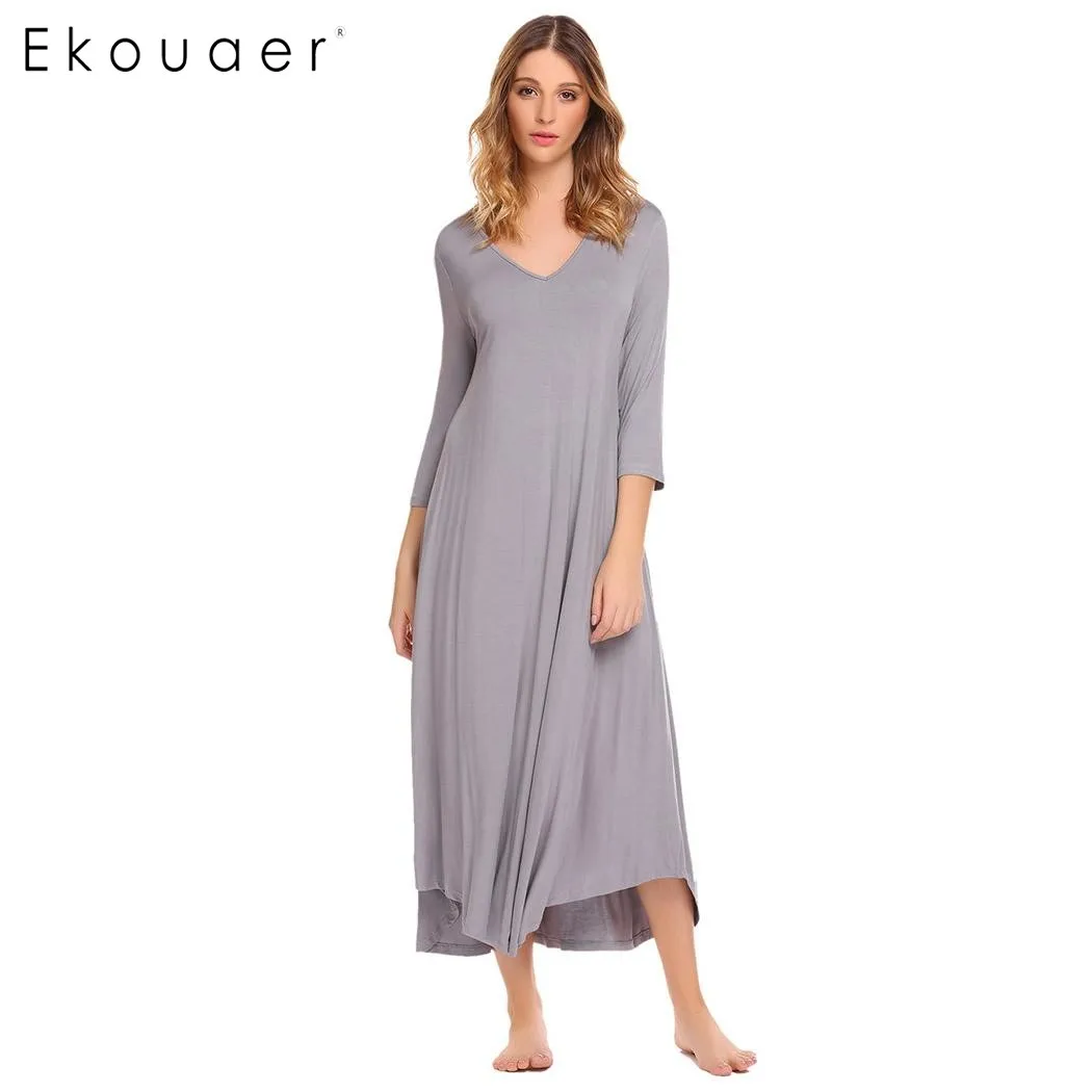 Buy Ekouaer Casual Women Nightgowns Soft Sleepwear V Neck 3/4 Sleeve Solid