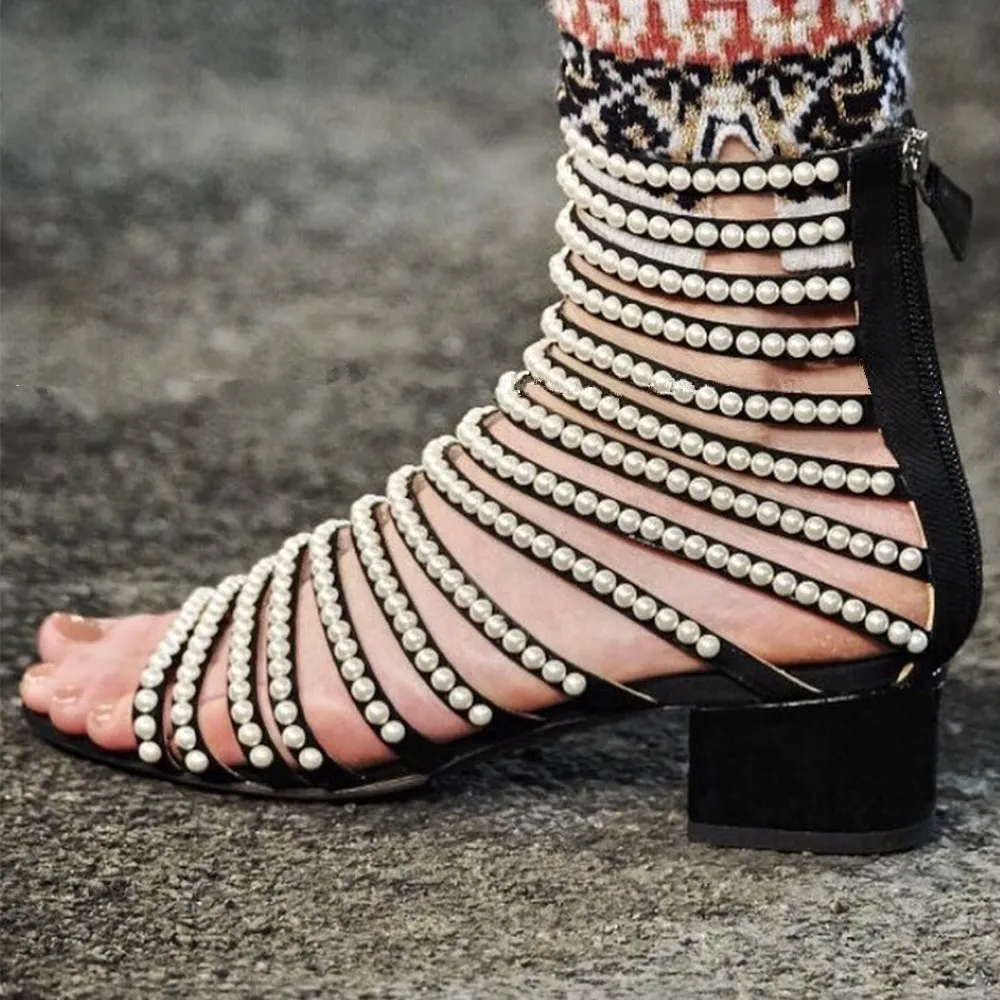 

Abesire 2019 Women Fashion String Bead Chunky Heels Gladiator Sandals Boots Ladies Peep Toe Ankle Boots Girls Back Zipper Shoes