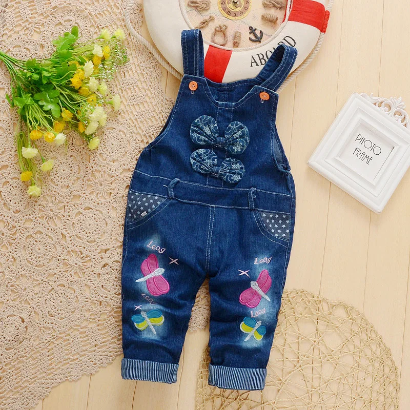 BibiCola Baby Pants Kids Denim Overalls Embroidery dragonfly Jeans Infant Baby Bib Pants Boys