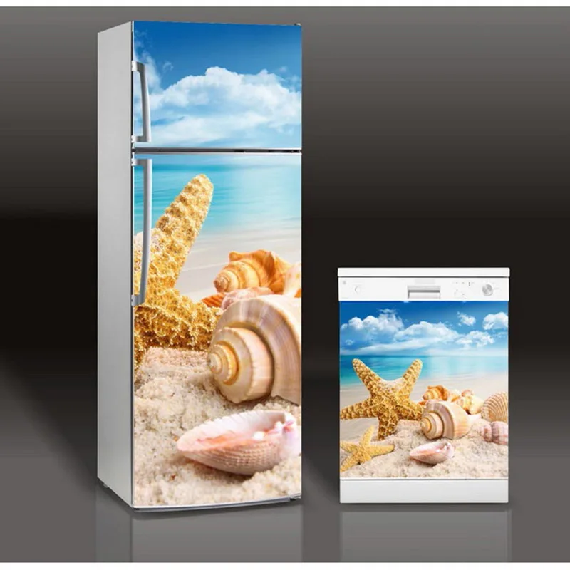 Морской звезды и раковины на пляже самоклеющиеся посудомоечные машины Холодильник замораживание стикер детский художественный холодильник двери обои-покрытие
