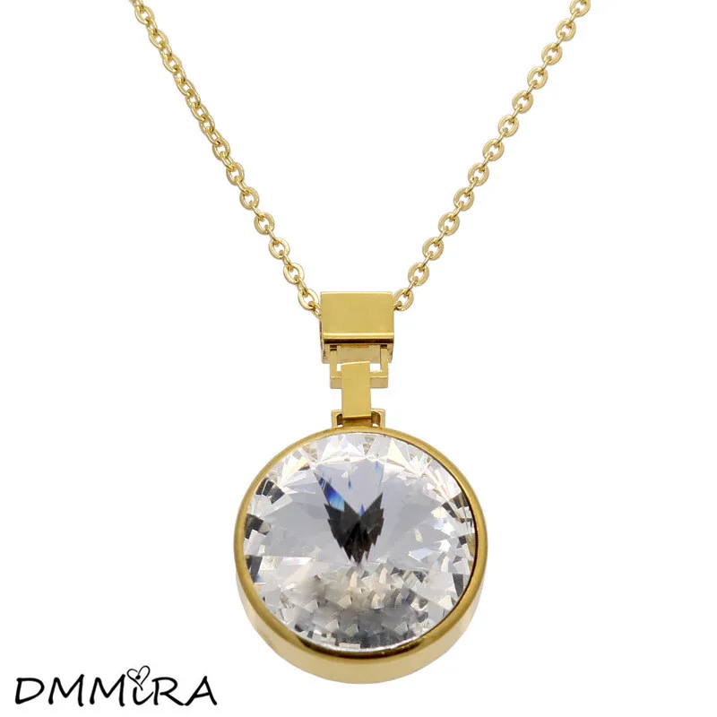 

Fashion Women Silver Gold big Stone Stainless Steel Ure Clear Simply Turnable Round Cubic Zirconia Pendant Necklace Jewelry