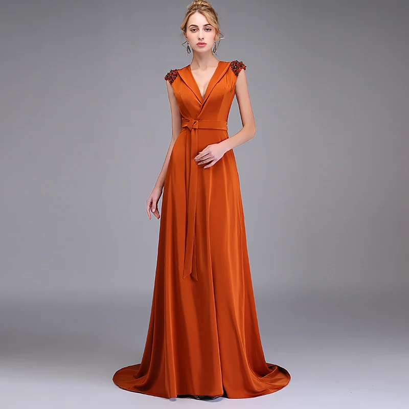 SSYFashion Новое Вечернее платье простой карамельный цвет Бисероплетение v образным