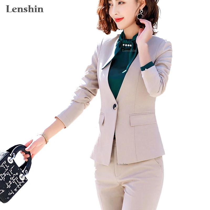 

Lenshin 2 piece Sets Beige Pant Suits Formal Lady Office Uniform Designs Women Elegant Business Work Wear Jacket with Trousers