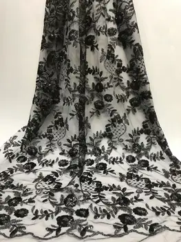 

Black And Gold Sequined African French Mesh Net Lace Fabric For India Evening Party Dress Fabrics 2019 New Nigeria Sequins Voile