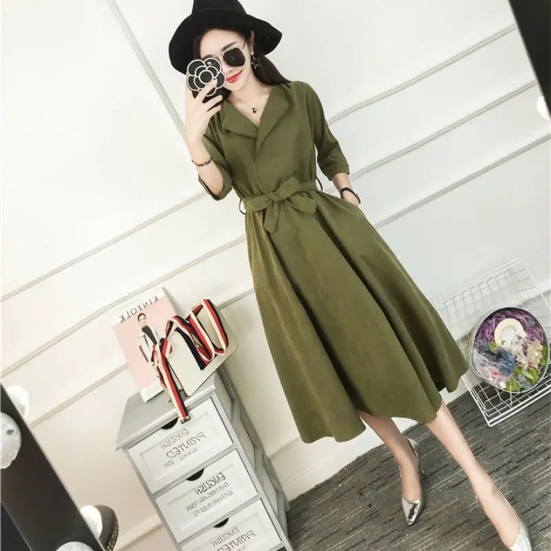 

Korean Fashion Blue Green Dress Half Sleeve Everyday Casual Belt Dresses Femme Autumn 2017 Suede Midi Dresses For Women