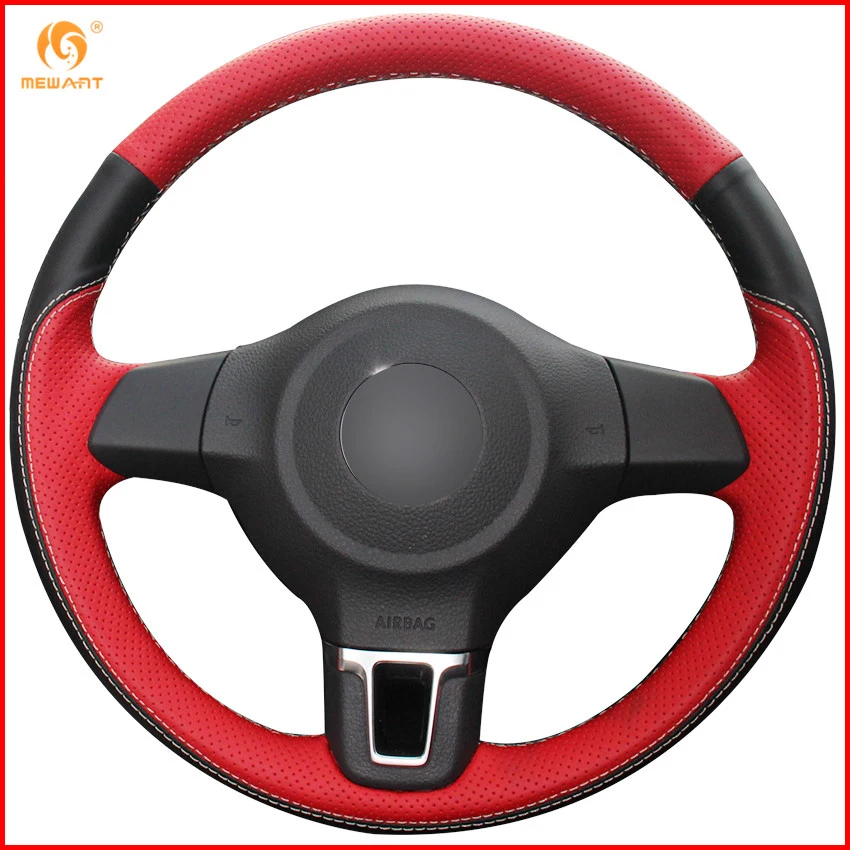 MEWANT Black Red Genuine Leather Car Steering Wheel Cover for Volkswagen Golf 6 Mk6 VW Polo MK5