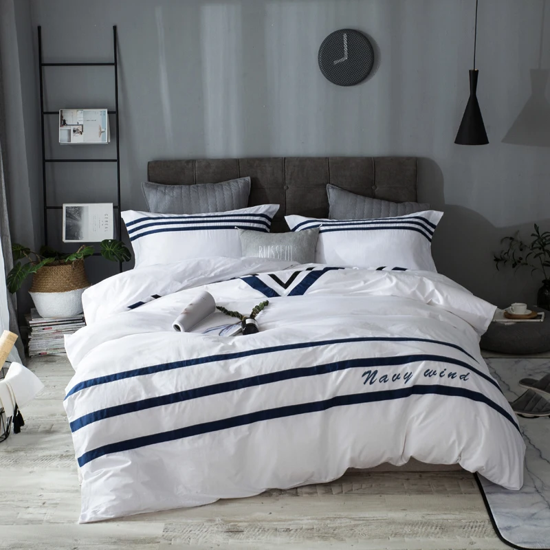 

100% Cotton Fashion Printed Seaman Bedding Set Embroidery Duvet Cover Bed Sheet Fitted Sheet Pillowcases Queen King size 3/4Pcs