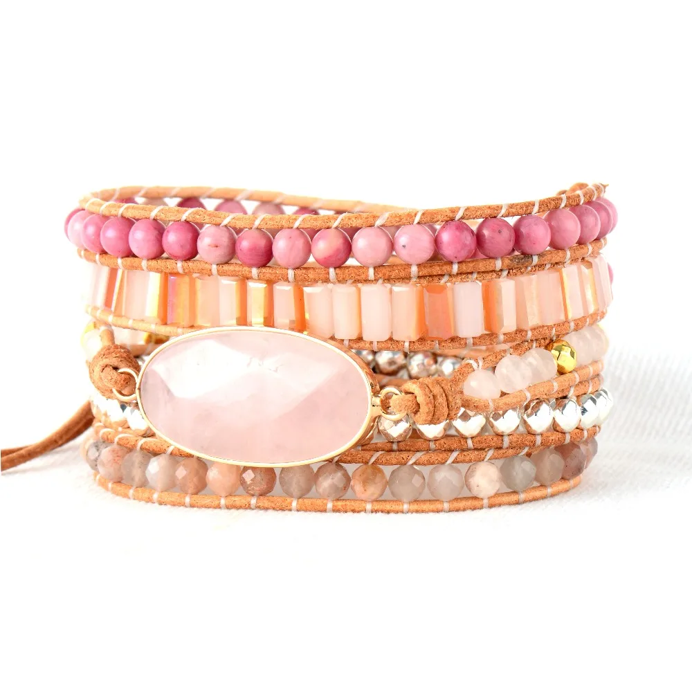 Women Beads Leather Bracelet Natural Stones Pink Quartz Crystal 5 Strands Woven Wrap Bracelets Bohemian Bracelet Dropship - Image 2
