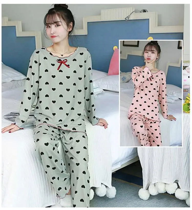 Spring Autumn Women Print Cartoon Love Long Sleeve Pajama Set Home Clothes