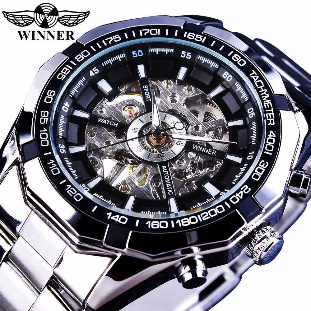 Winner Sport Skeleton Stainless Steel Designer Men Watch Top Brand Luxury Automatic Casual Mechanical Watch Clock Men Wristwatch gold watches women s automatic men watch stainless steel designer resistant clock big wristwatches unisex silver diamonds watch