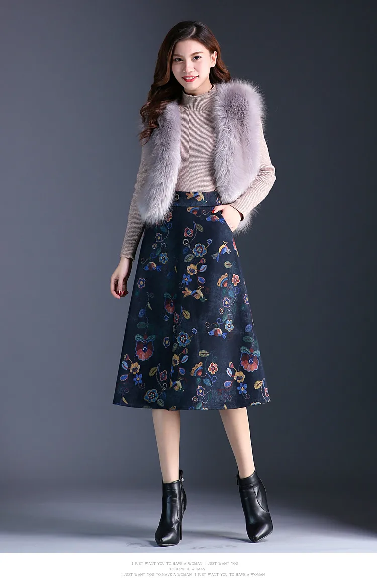 Осень зима цветочные Плюс Размер плотные шерстяные юбки для женщин Slim Fit A-Line средняя Женская юбка Повседневная Шерстяная Юбка Femme