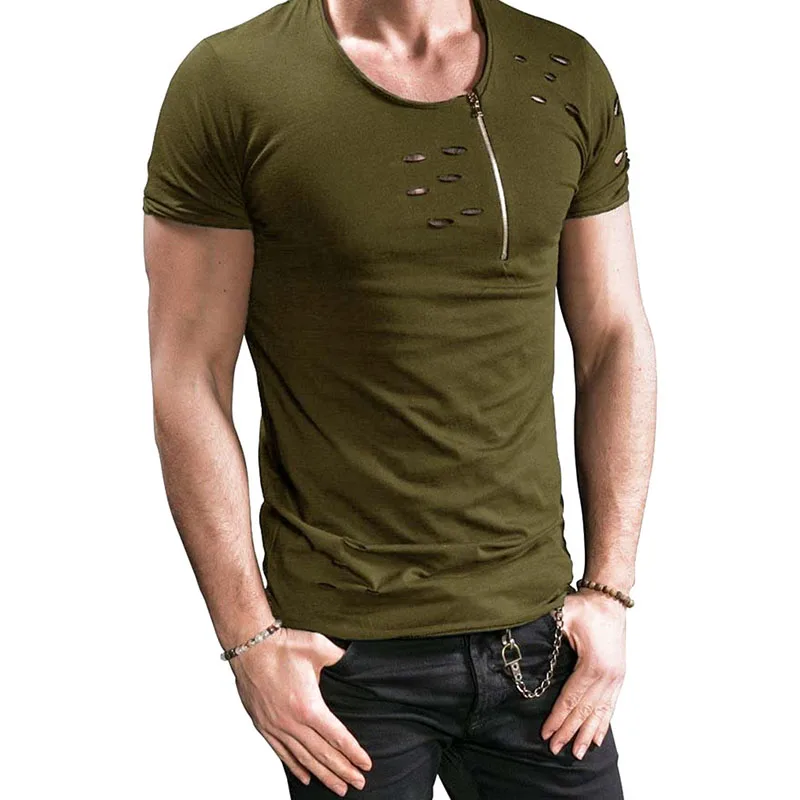 Летняя мужская футболка размера плюс 3XL с дырками, мужские футболки на молнии, дышащие повседневные футболки, мужские футболки