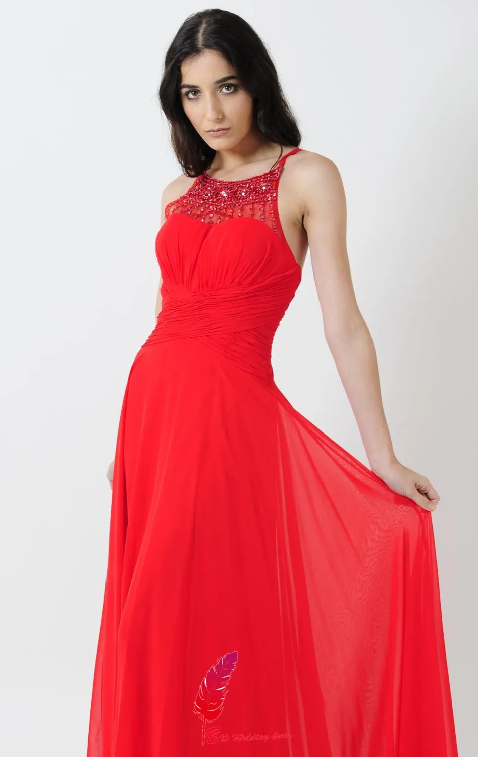 pastel red bridesmaid dress