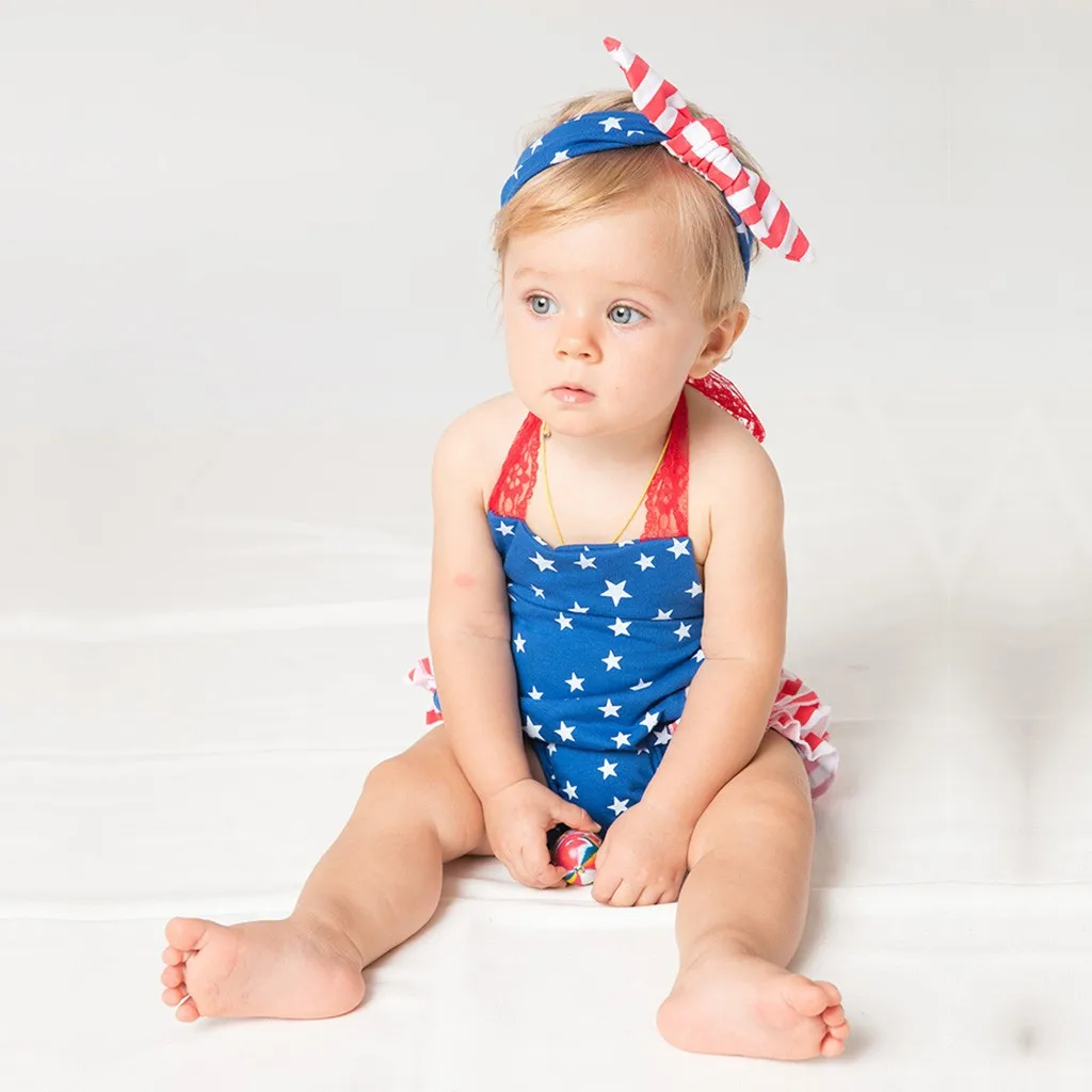 

Halter Striped Baby Bodysuit Toddler Baby Girls 4th Of July Stars Print Jumpsuit +Modis Headbands Set Outfit Kids Clothes 2019