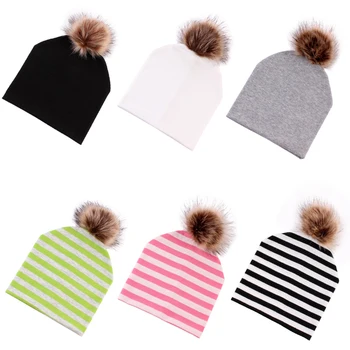 

6 Colors Women Girls Pompom Beanie Caps Stripe Hats Autumn Winter Cotton Beanie Ski Caps Double Layer Ladies Hat