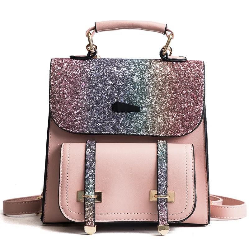 

New Designer Fashion Women Rainbow Color Backpack female student Backpack Sequin travel bag trend bags crossbody Shoulder bag