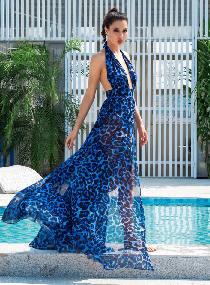 Love& Lemonade сексуальное синее с v-образным вырезом открытая спина с вырезом леопардовое шифоновое длинное платье LM1408
