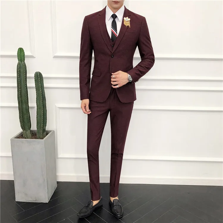 Новый модный красный повседневный костюм для мужчин 2019 Slim Fit из трех частей